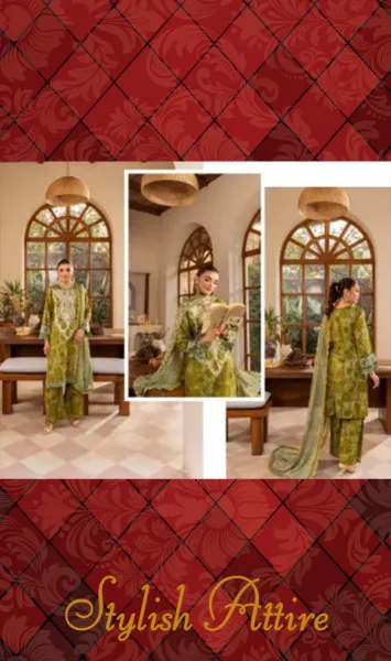 Original Pakistani Polawn Embroidered Stitched Lawn 3 Pcs _  Olive 